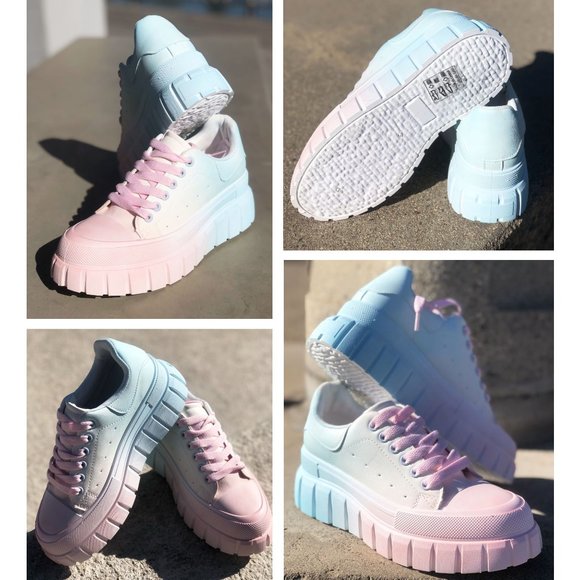 NEW Pastel Pink Blue Ombre Kawaii Cute Platform Low Top Laced Up Sneakers Shoes - Picture 7 of 12